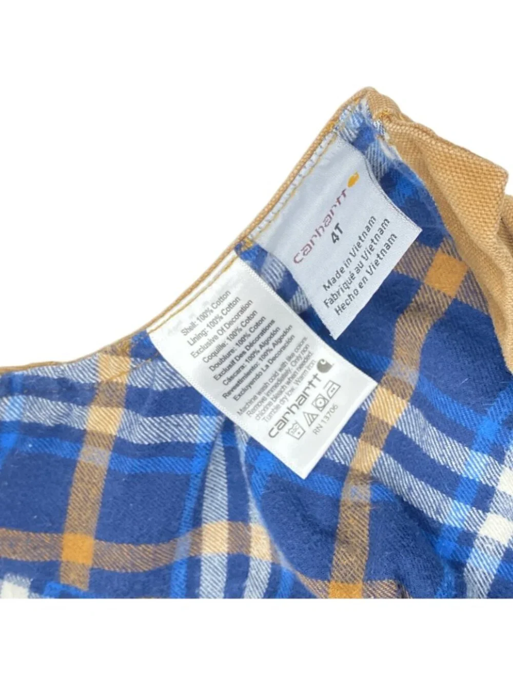 Carhartt Toddler Bib Overalls 4T Brown Duck Canvas Flannel Lined Double Knee